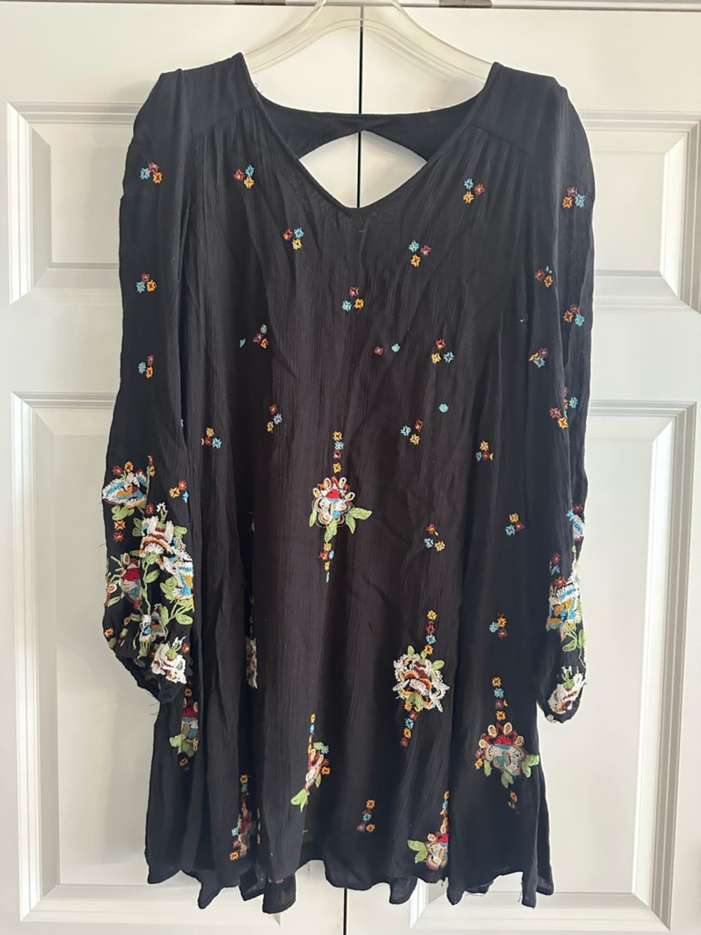 Black Embroidered Boho Tunic with Floral Accents one size